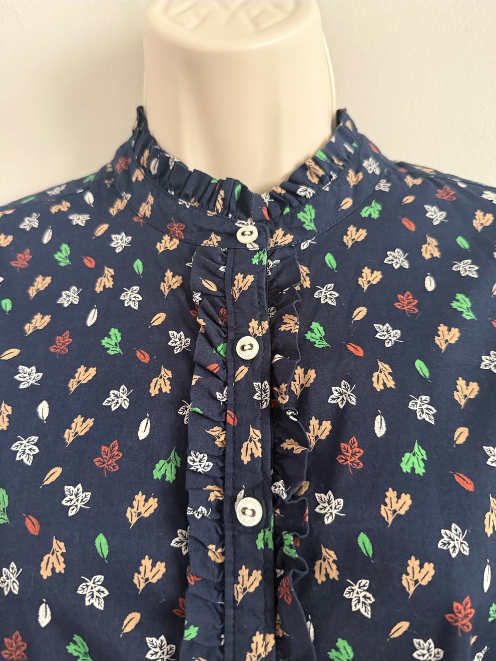 Tommy Hilfiger Navy Autumn Fall Floral Ruffle-Trim Button Down Shirt - Picture 2 of 12